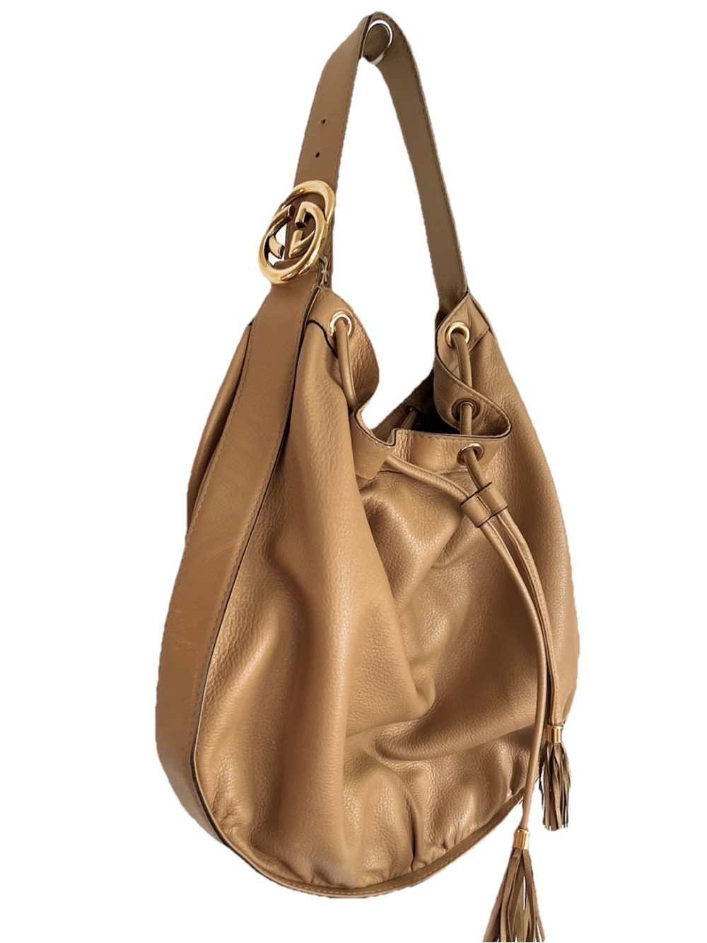 Gucci Tan Leather Interlocking GG Logo Tassel Slouchy Large Hobo Shoulder Bag